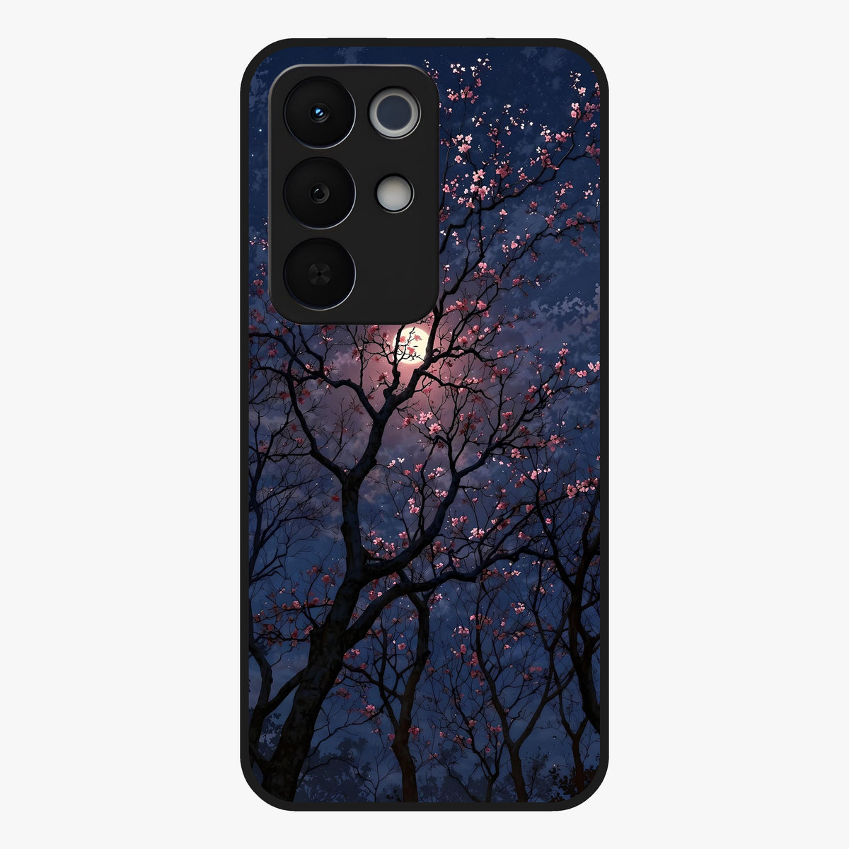 Twilight Sakura Serenade Glass Case showing flat back view with cherry blossom artwork at twilight and glossy glass finish.
