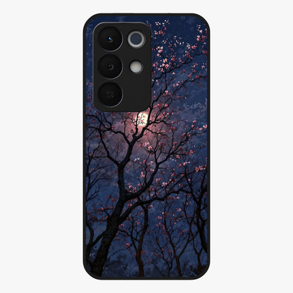Twilight Sakura Serenade Glass Case showing flat back view with cherry blossom artwork at twilight and glossy glass finish.