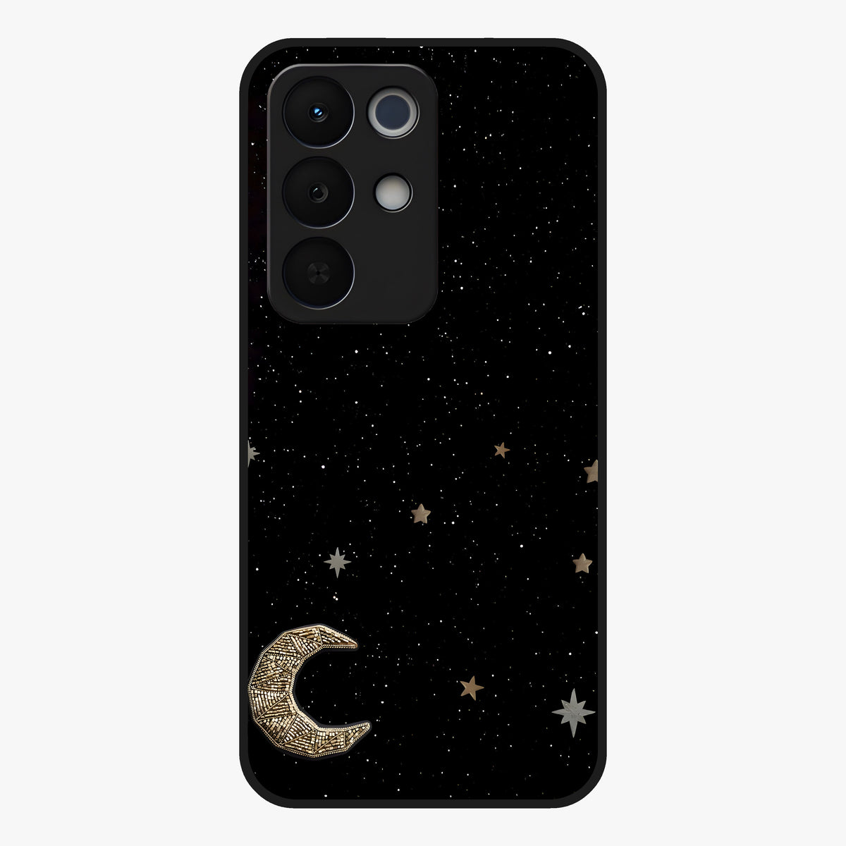 Twinkle Star With Half Moon Glass Case showing flat back view with star and half moon artwork and glossy glass finish.