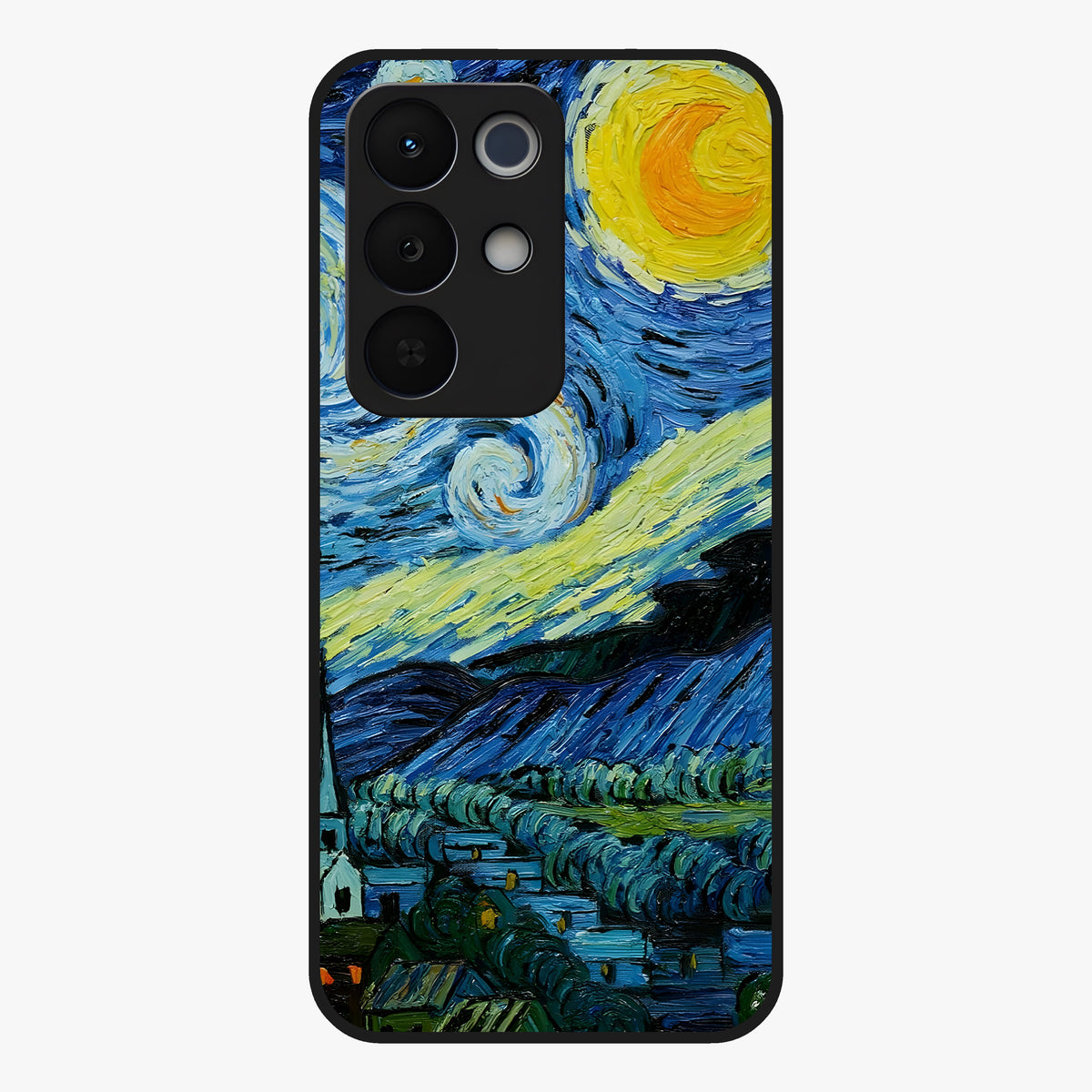 Van Gogh Art Glass Case showing flat back view with classic painterly artwork inspired by Van Gogh style and glossy glass finish.