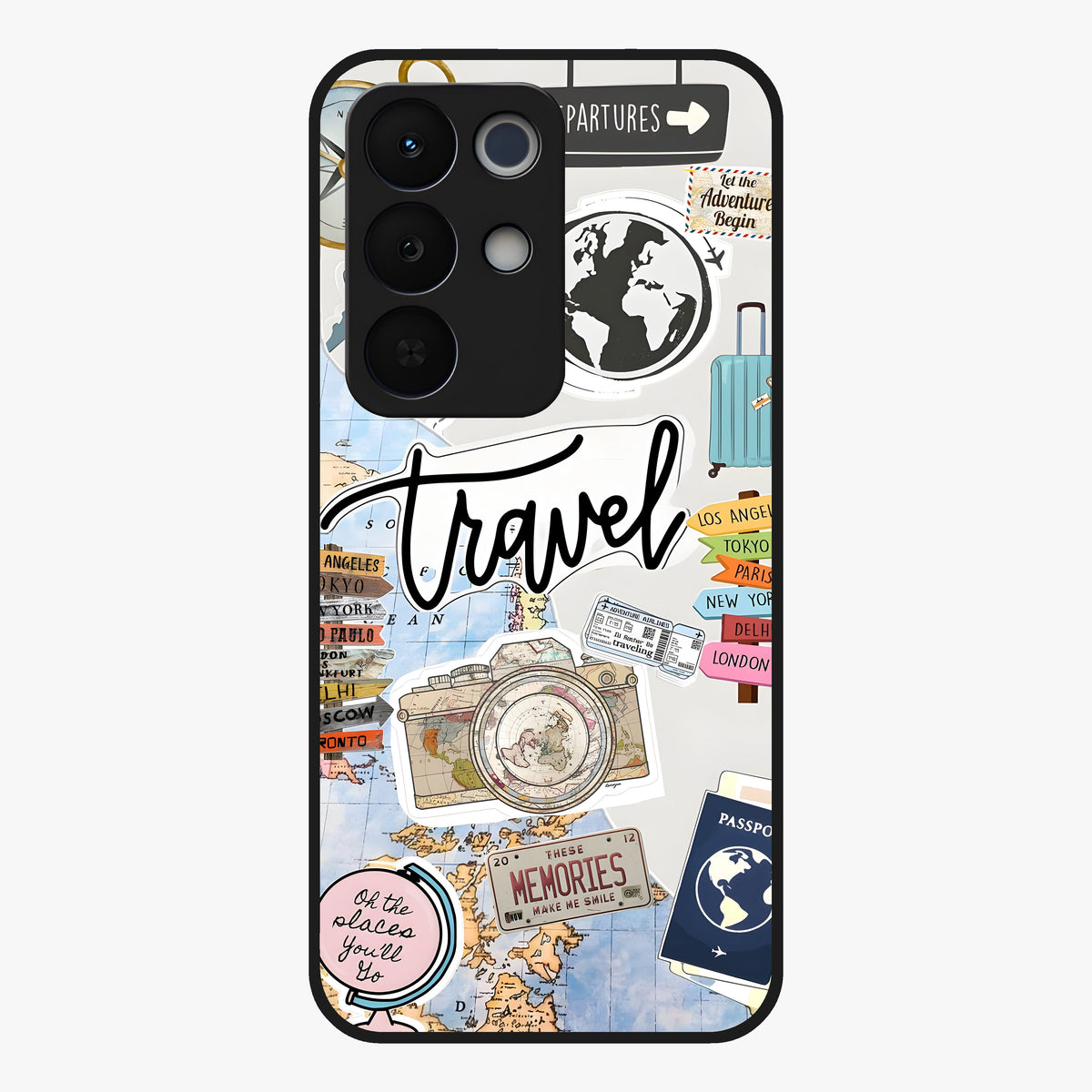 Wanderlust Journal Glass Case showing flat back view with travel inspired artwork and glossy glass finish.