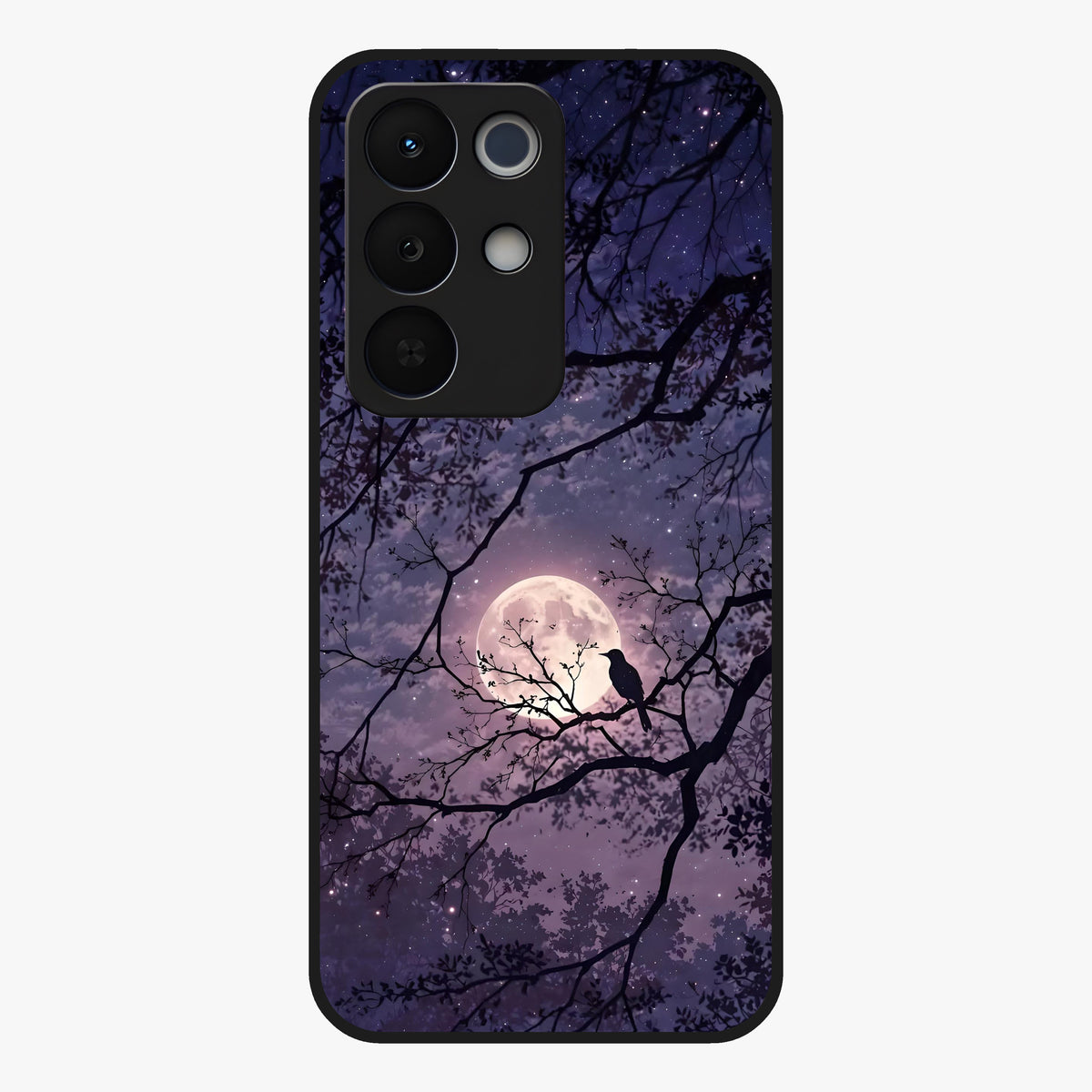 Whispering Moon Silence Glass Case showing flat back view with serene moon themed artwork and glossy glass finish.