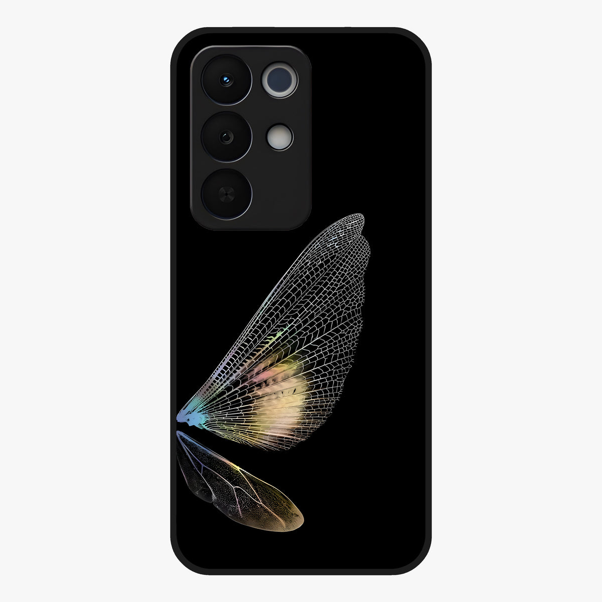 Whispers Of Wings Glass Case showing flat back view with graceful wing inspired artwork and glossy glass finish.