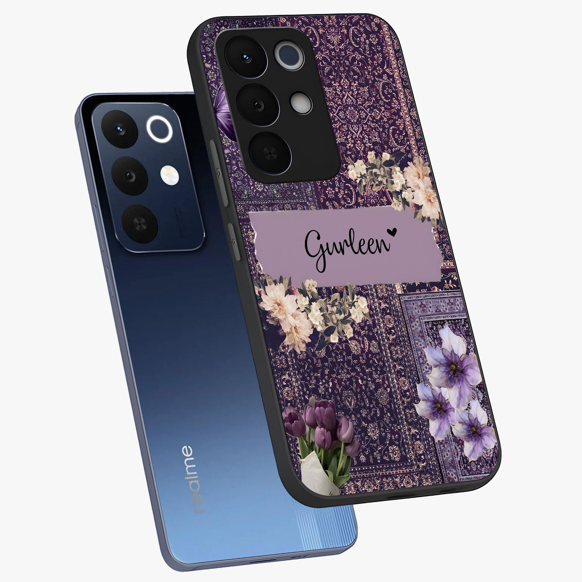 Antique Floral Whisper Custom Name Glass Case displayed in angled mockup highlighting elegant antique floral aesthetic.