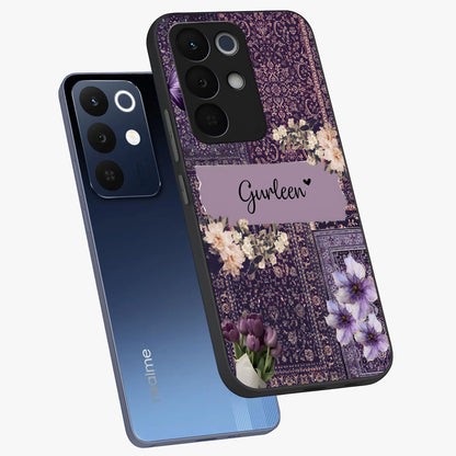 Antique Floral Whisper Custom Name Glass Case displayed in angled mockup highlighting elegant antique floral aesthetic.
