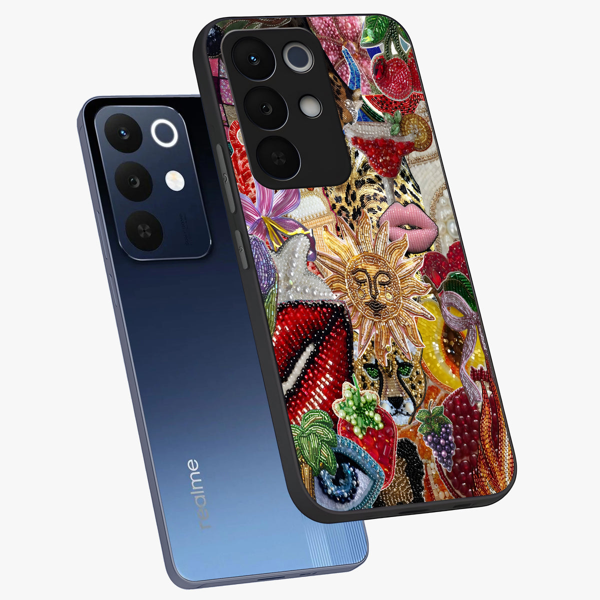 Beaded Fashion Jungle Glass Case displayed in angled mockup highlighting colorful fashion bead design and artistic pattern.