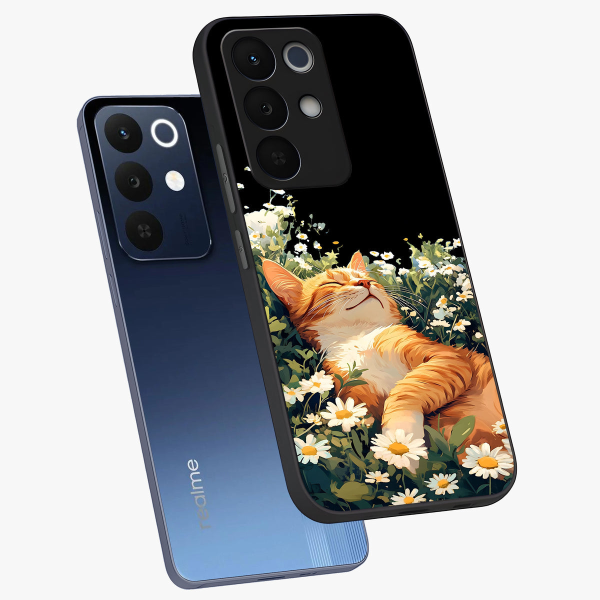 Blissful Bloom Cat Glass Case displayed in angled mockup highlighting playful feline illustration with soft floral aesthetic.