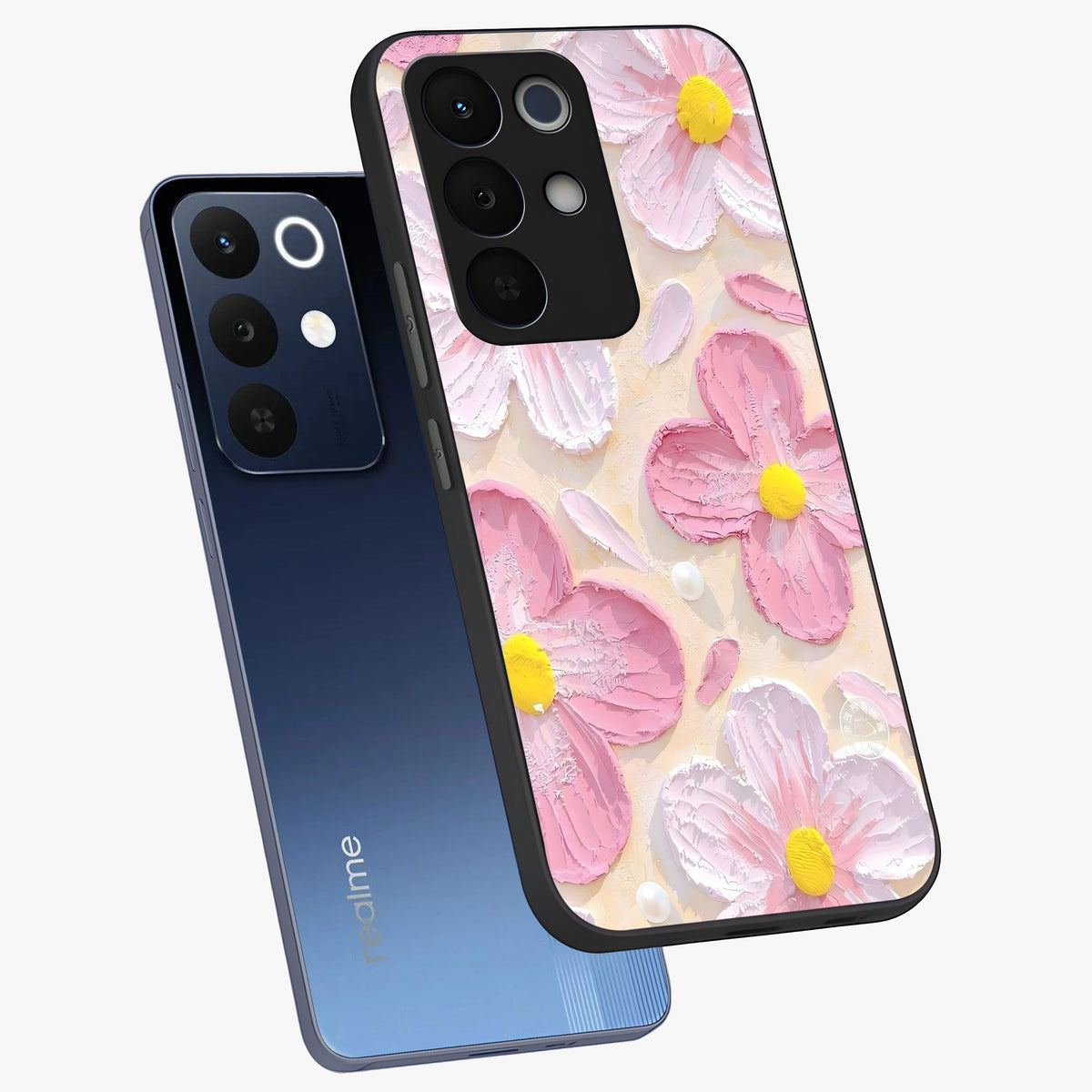 Blush Bloom Texture Glass Case displayed in angled mockup highlighting subtle bloom pattern with aesthetic pastel design.