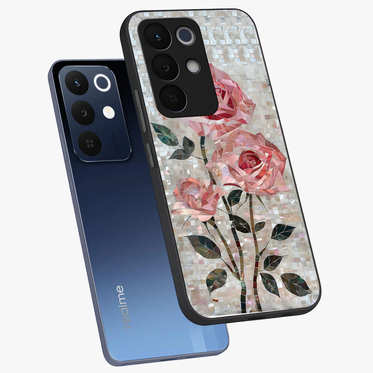 Blush Mosaic Bloom Glass Case displayed in angled mockup highlighting artistic mosaic flower pattern with aesthetic design.