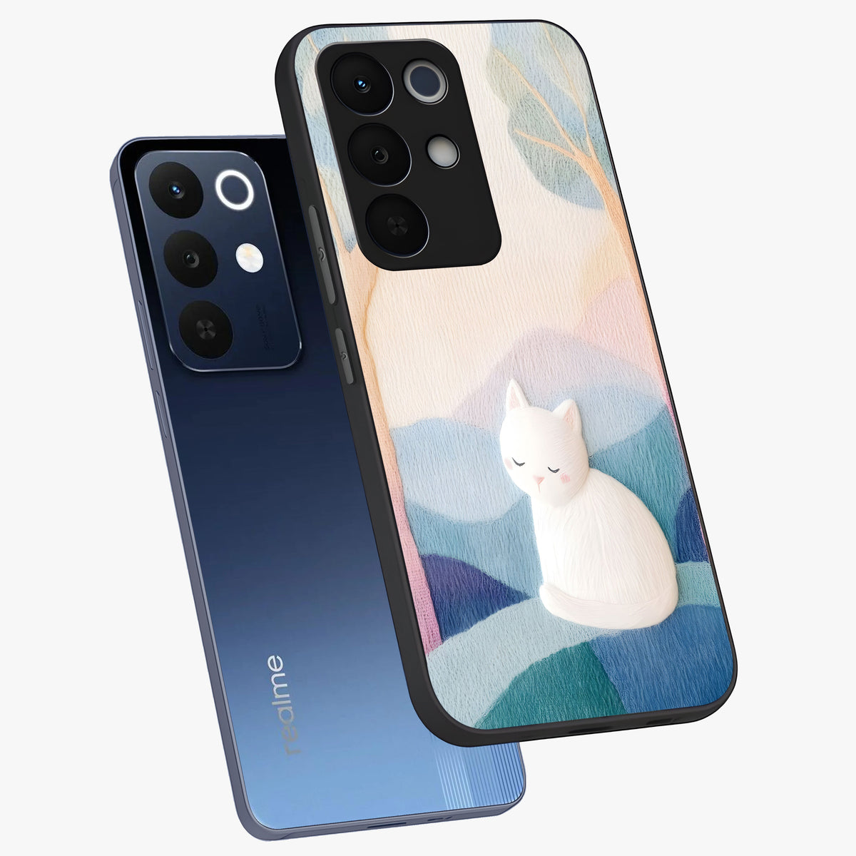 Cotton Dream Cat Glass Case displayed in angled mockup highlighting cute feline illustration with pastel aesthetic style.
