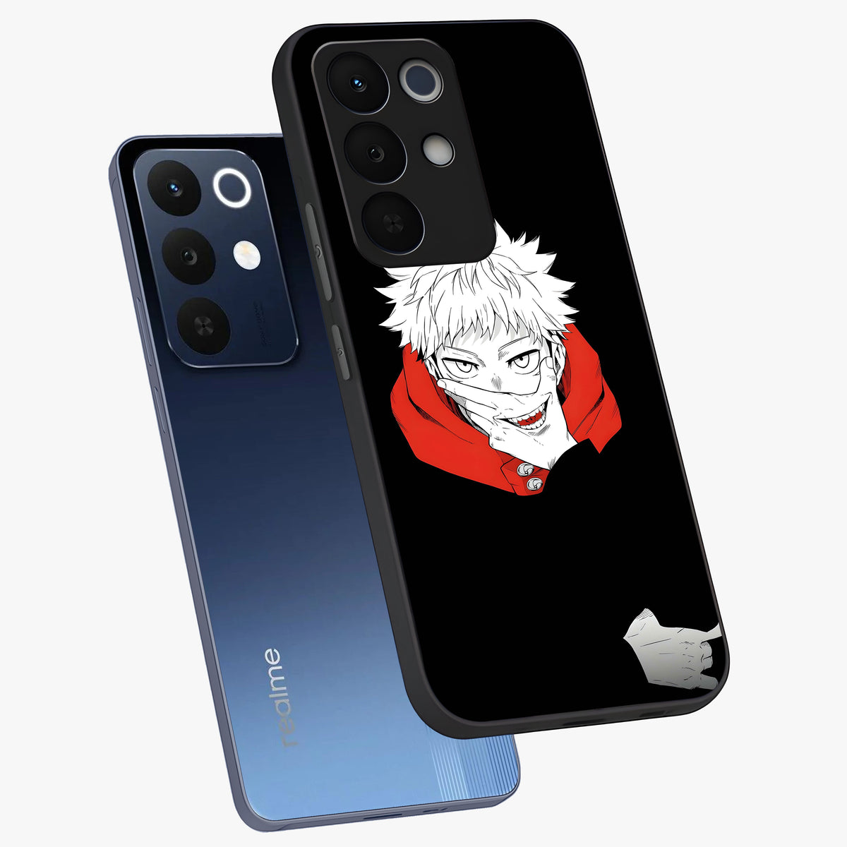 Crimson Chaos Smile Glass Case displayed in angled mockup highlighting edgy crimson smile design with graphic aesthetic.