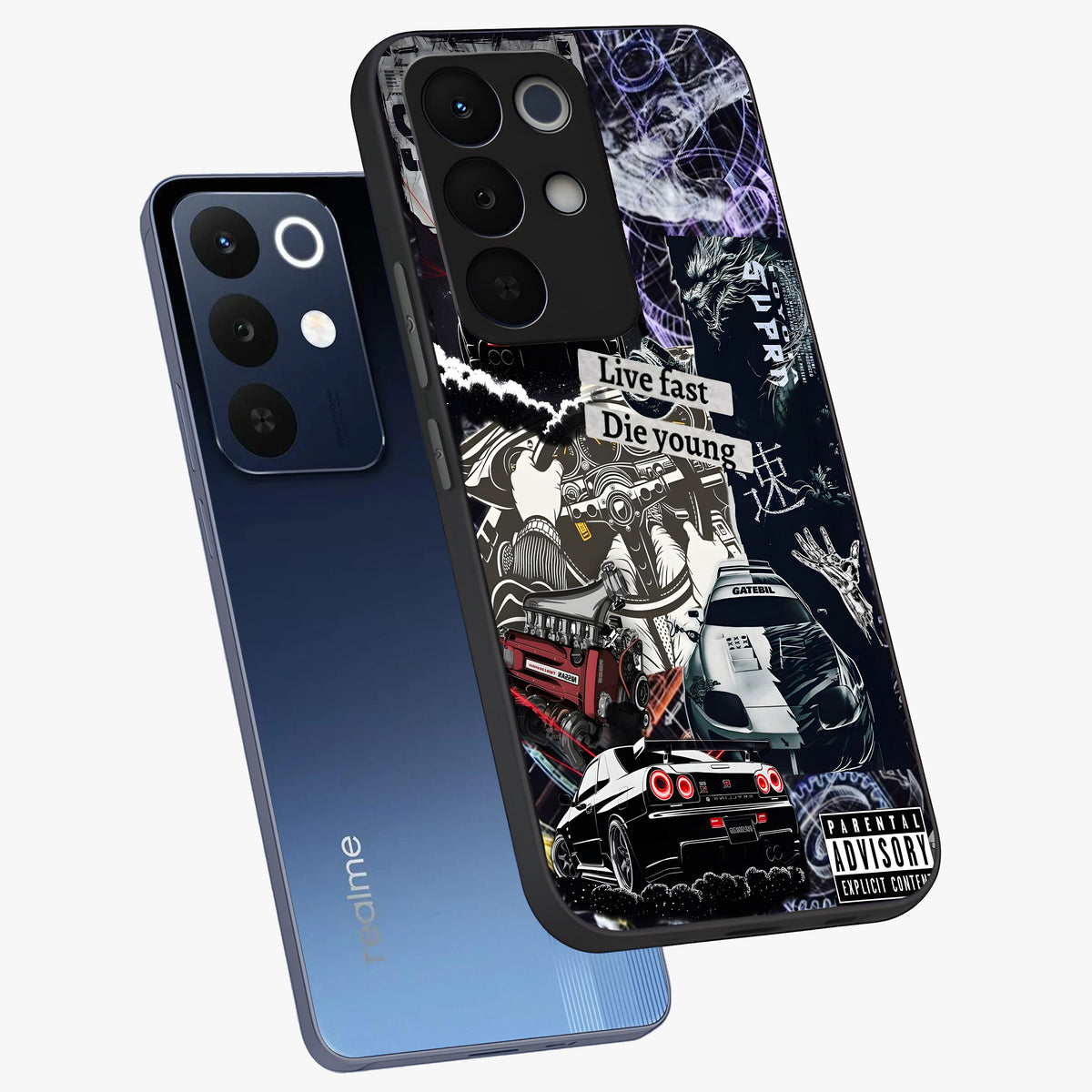 Die Young Glass Case displayed in angled mockup highlighting expressive graphic artwork with edgy aesthetic style.