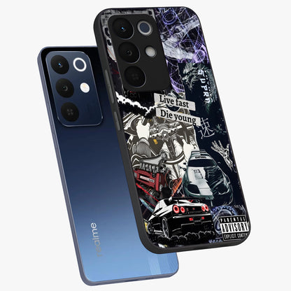 Die Young Glass Case displayed in angled mockup highlighting expressive graphic artwork with edgy aesthetic style.