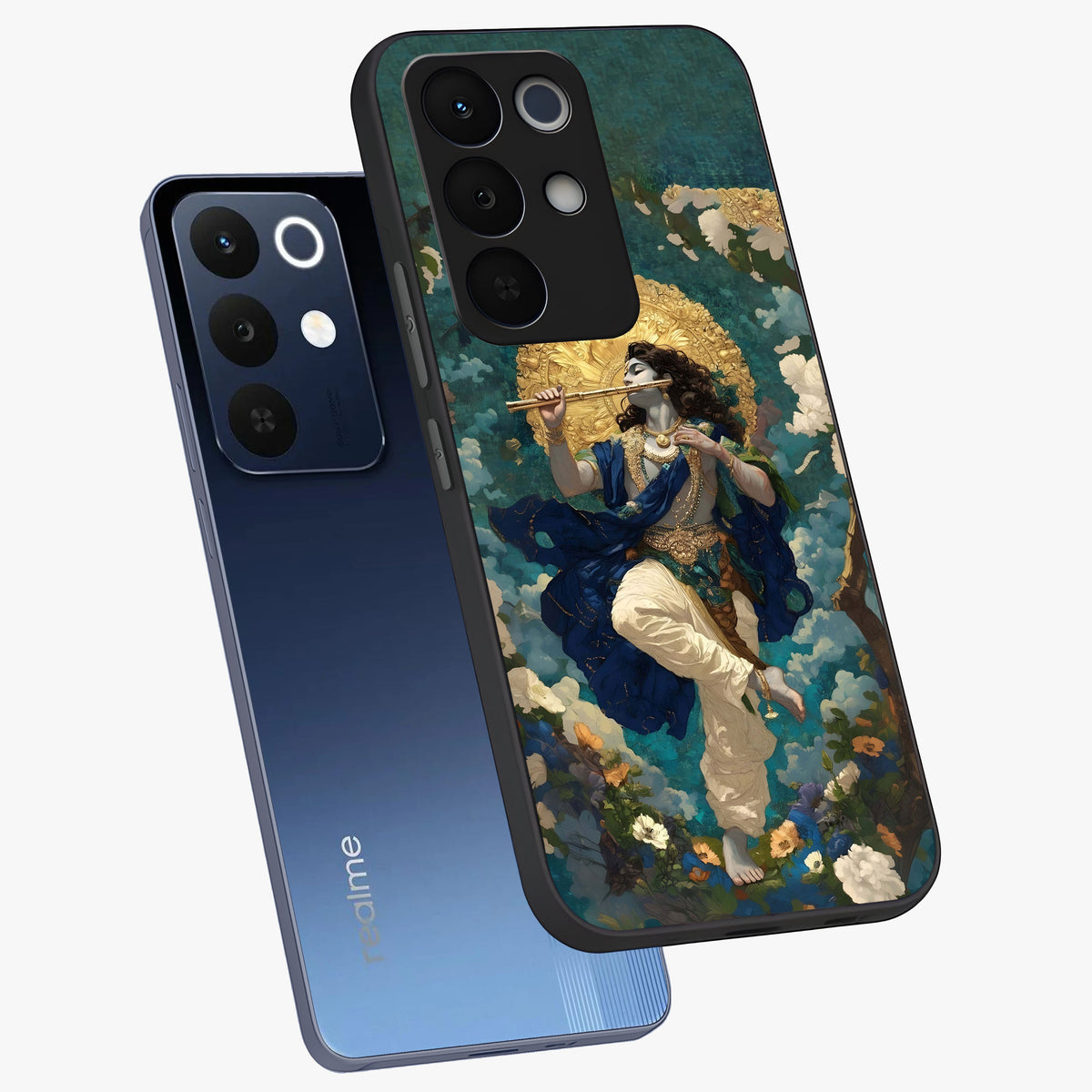 Divine Krishna Art Glass Case displayed in angled mockup highlighting spiritual Krishna illustration with devotional aesthetic.