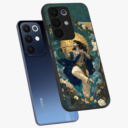 Divine Krishna Art Glass Case displayed in angled mockup highlighting spiritual Krishna illustration with devotional aesthetic.