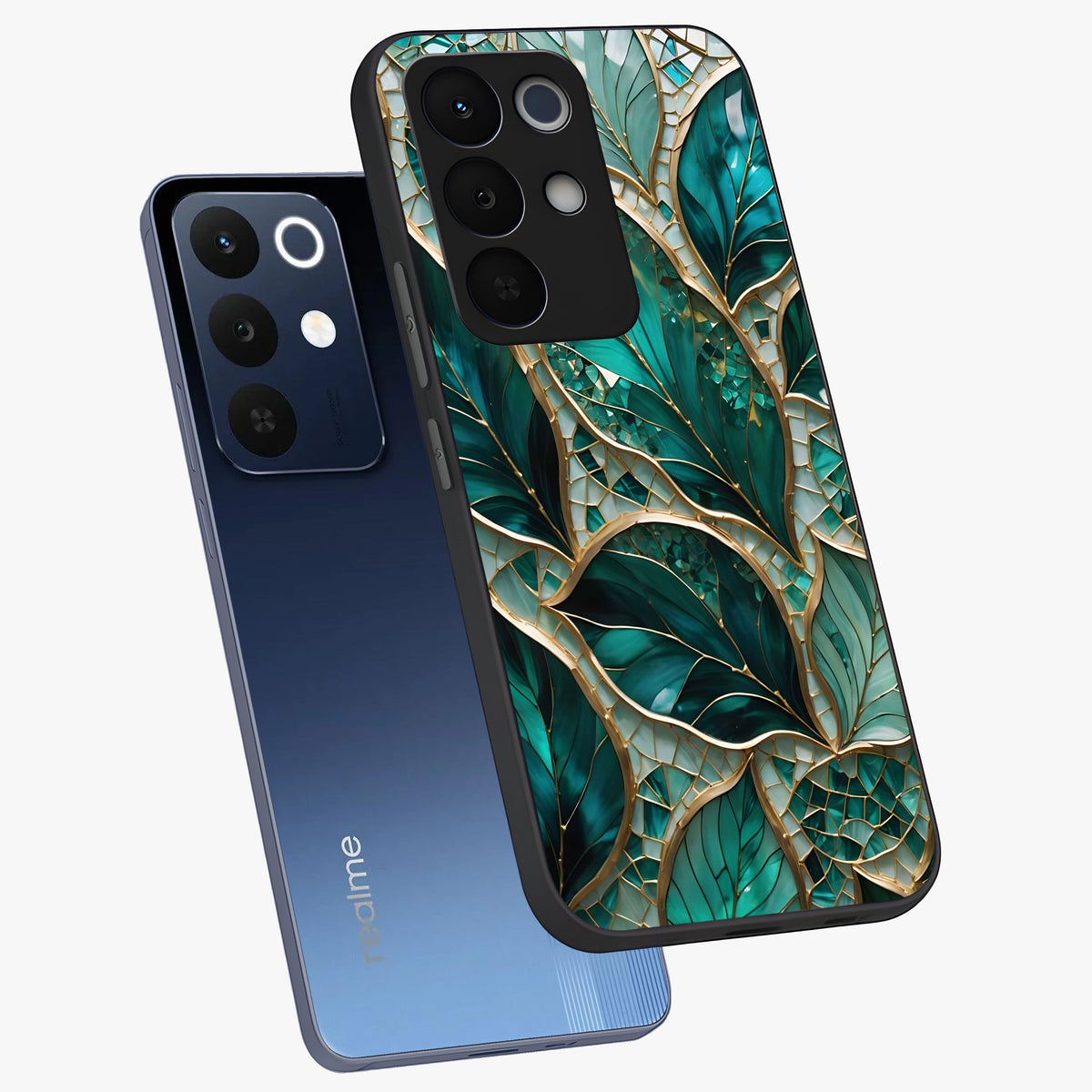 Emerald Leaf Glass Glass Case displayed in angled mockup highlighting botanical leaf illustration with elegant natural aesthetic.