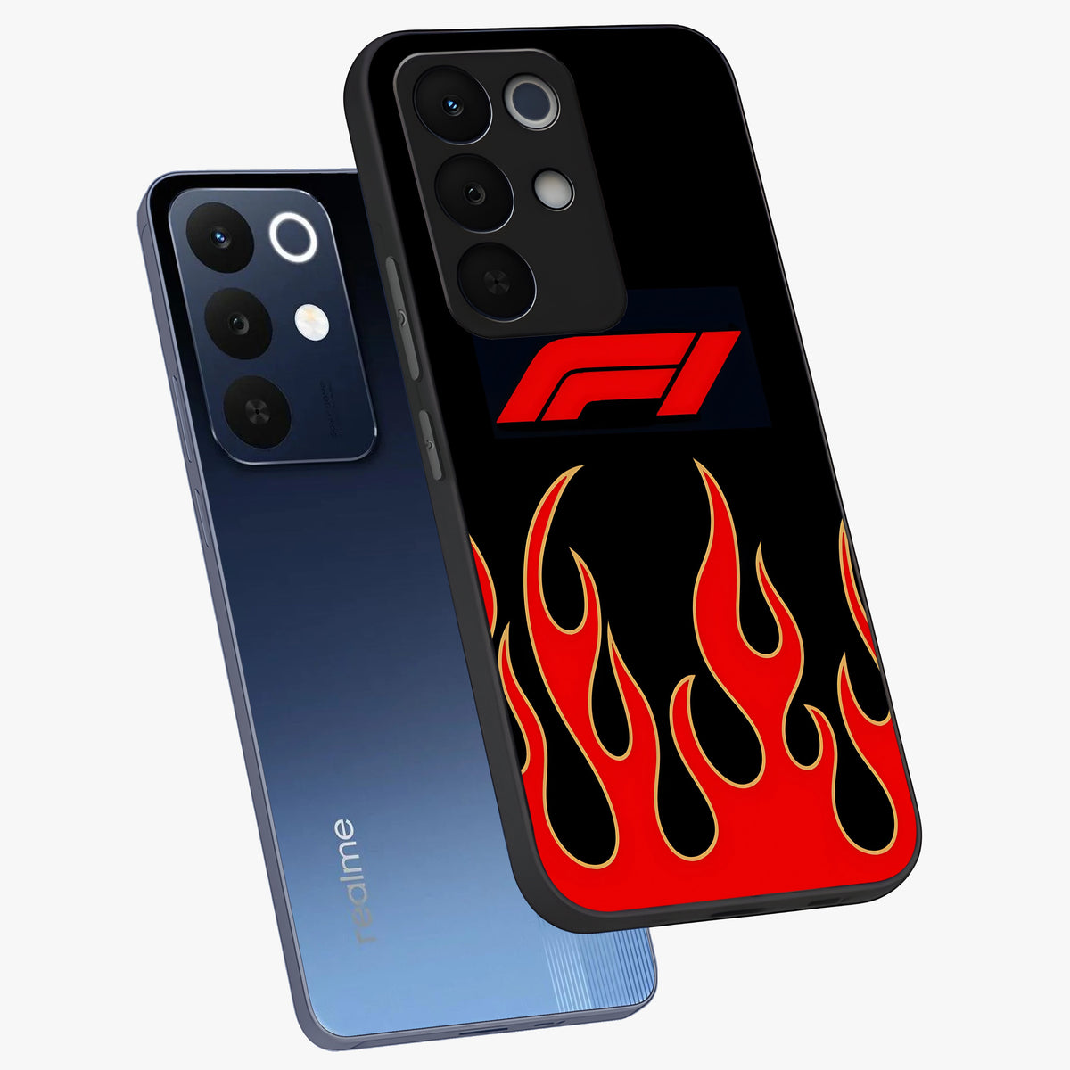 Fire F11 Glass Case displayed in angled mockup highlighting bold fire inspired graphic with energetic aesthetic style.