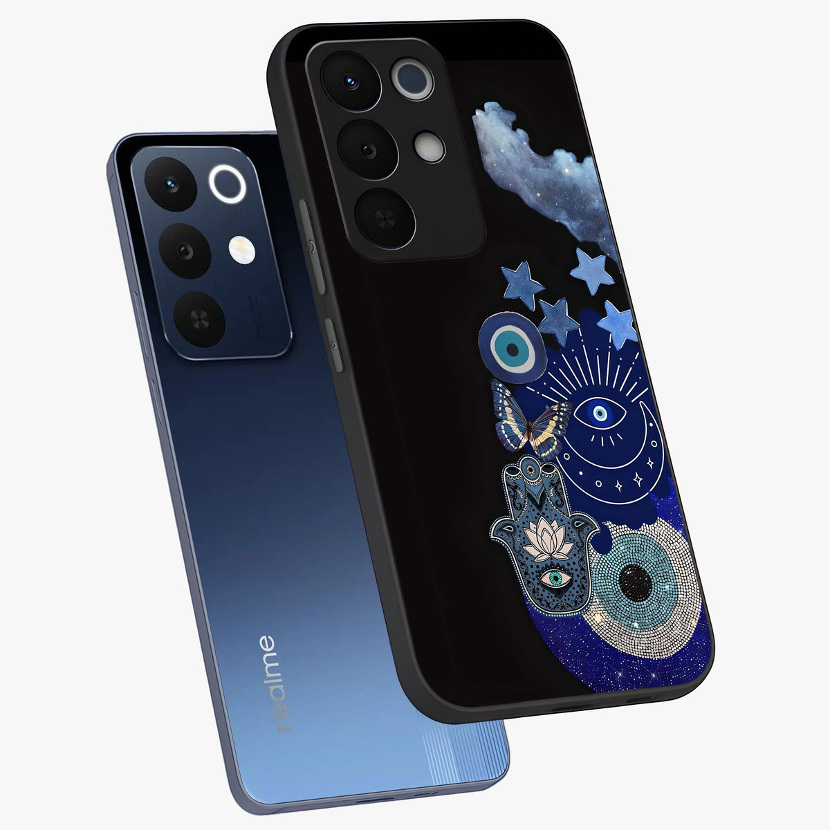 Galactic Charm Cluster Glass Case displayed in angled mockup highlighting luminous galaxy inspired design with dreamy aesthetic.