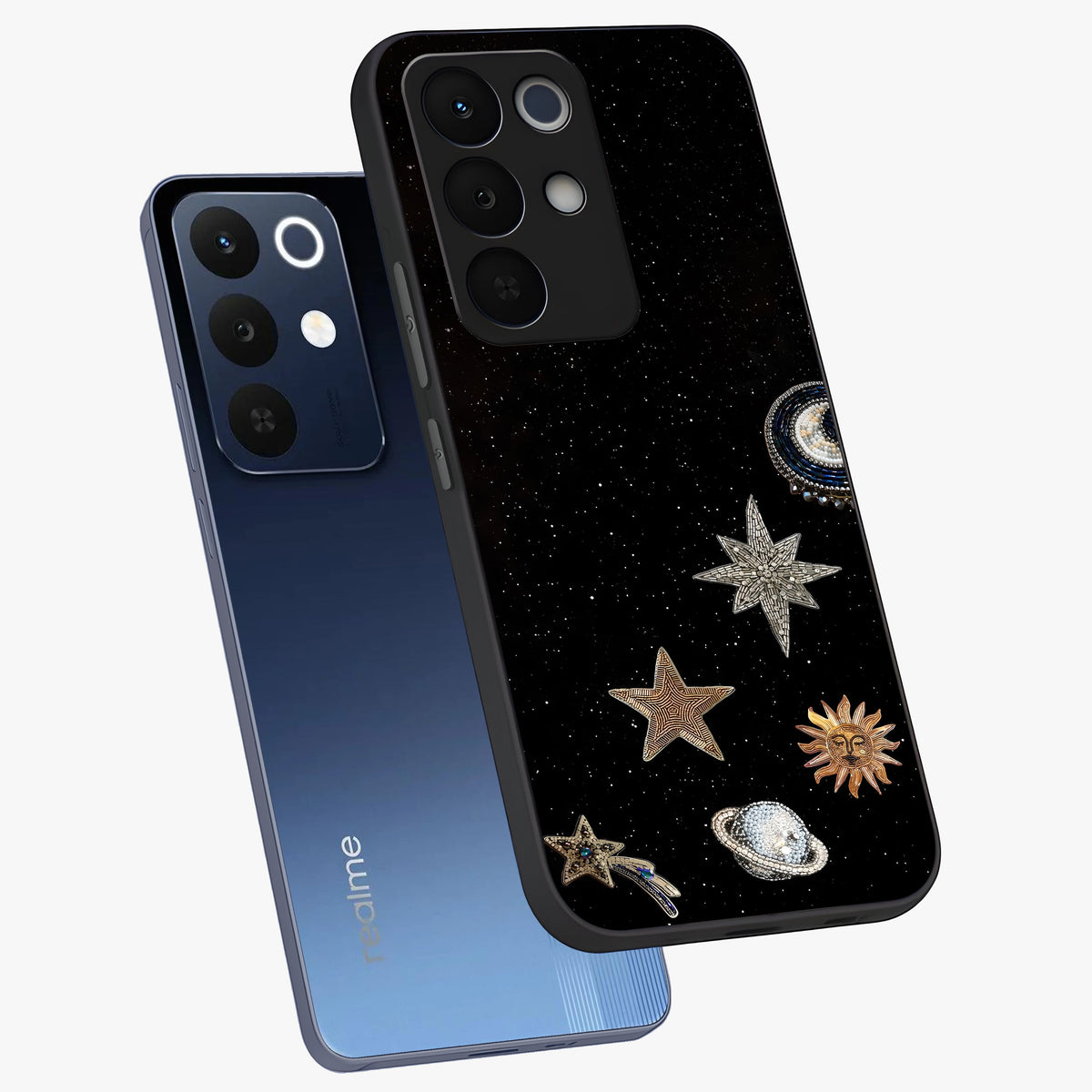 Galactic Charm Glow Glass Case displayed in angled mockup highlighting luminous galaxy inspired design with dreamy aesthetic.