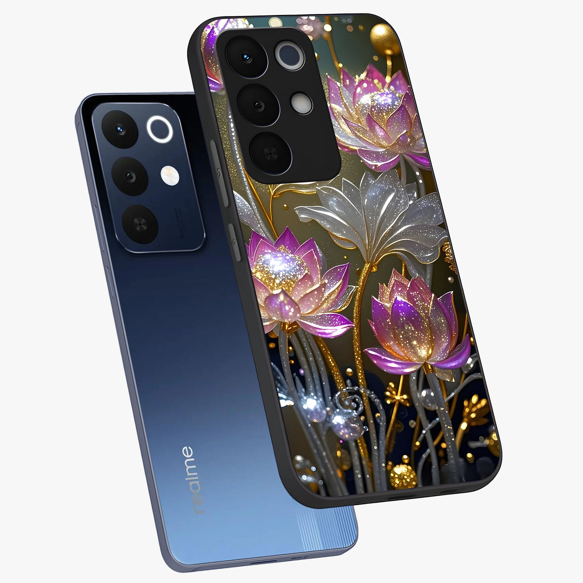 Golden Floral Majesty Glass Case displayed in angled mockup highlighting elegant flower design with royal golden aesthetic.