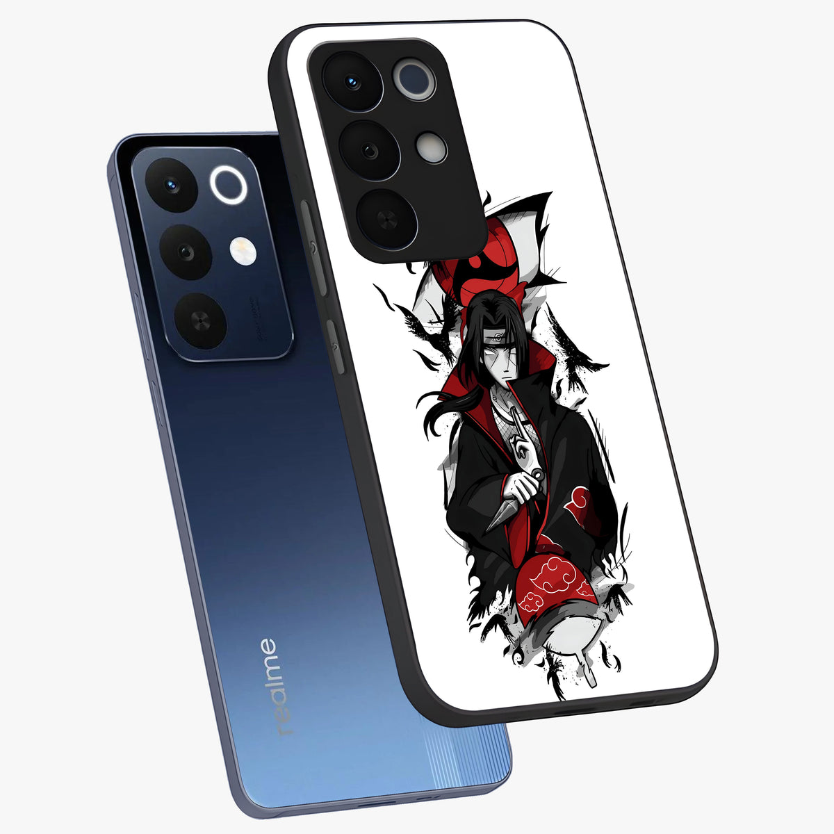 Itachi Limited Edition Naruto Anime Glass Case displayed in angled mockup highlighting dramatic anime illustration with bold action aesthetic.