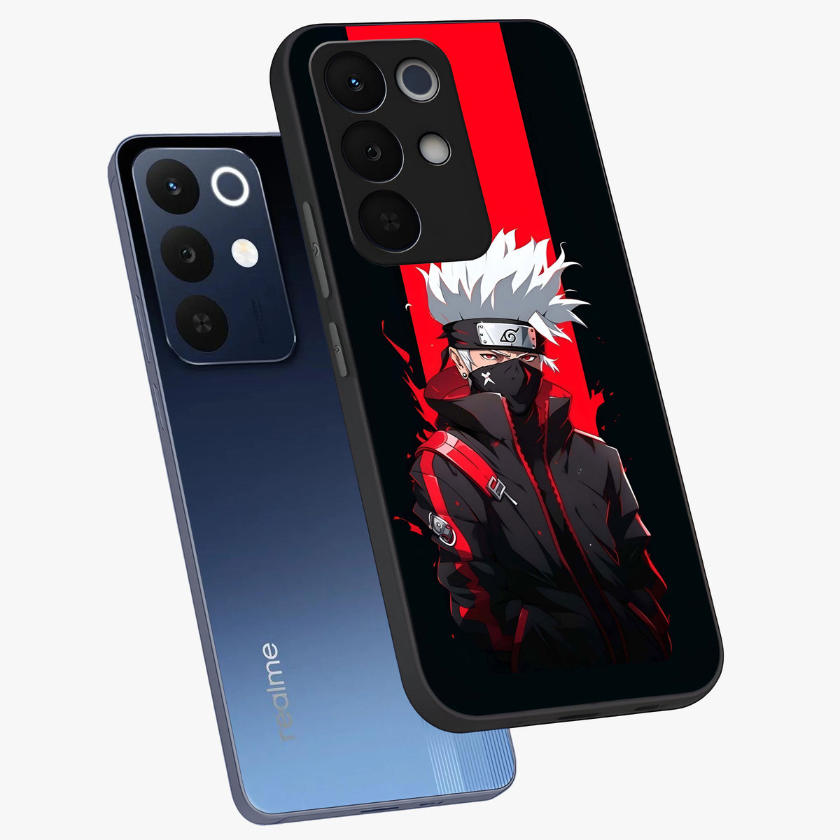 Kakashi Scarlet Shadow Glass Case displayed in angled mockup highlighting dramatic ninja illustration with scarlet themed aesthetic.
