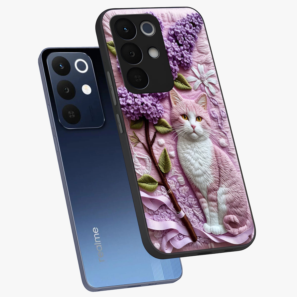 Lavender Cat Whimsy Glass Case displayed in angled mockup highlighting playful feline illustration with pastel lavender aesthetic.