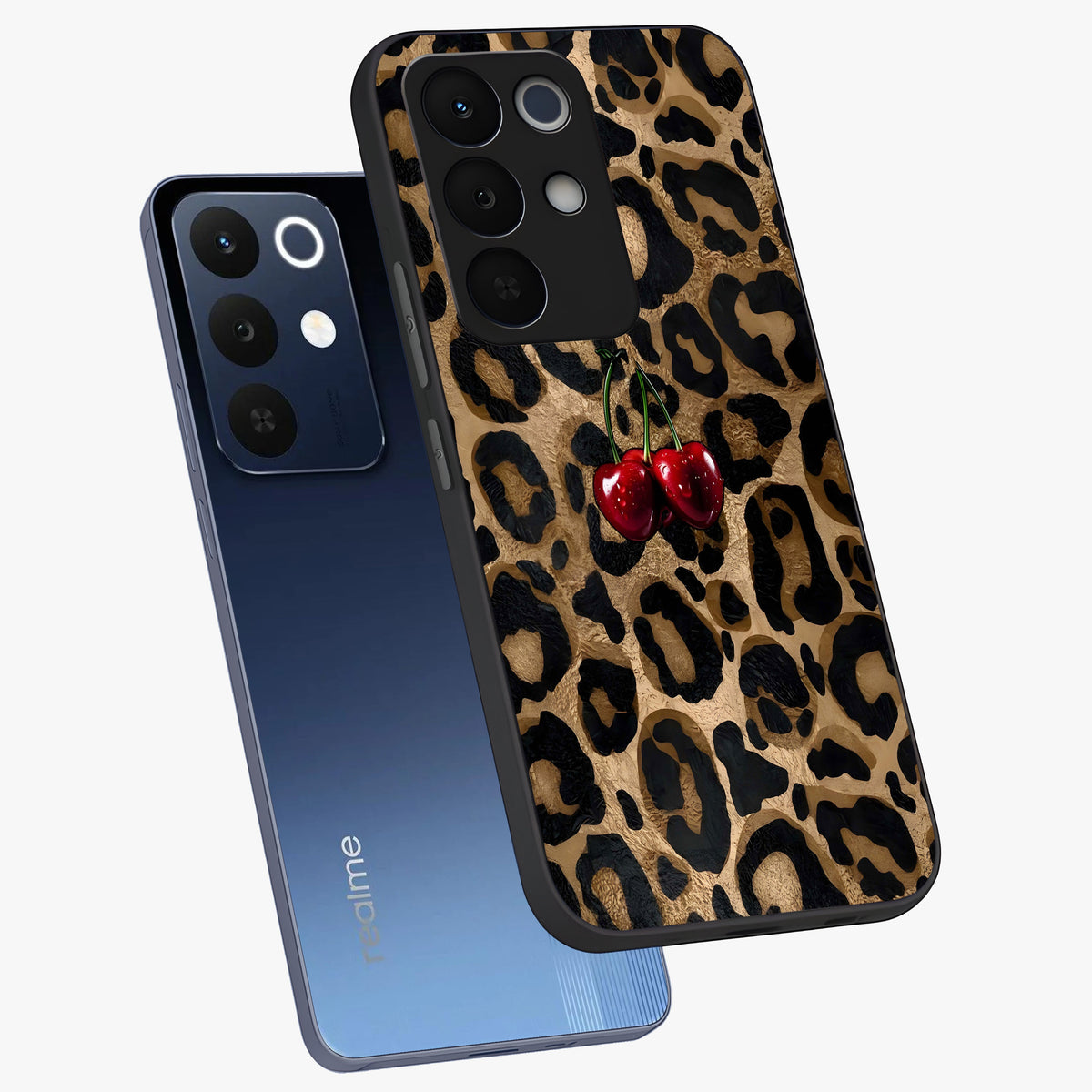 Leopard Wild Cherry Glass Case displayed in angled mockup highlighting bold animal print design with playful cherry aesthetic.