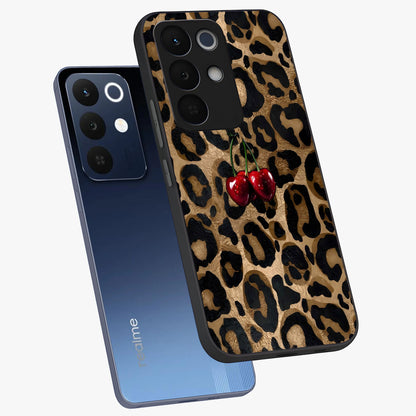 Leopard Wild Cherry Glass Case displayed in angled mockup highlighting bold animal print design with playful cherry aesthetic.
