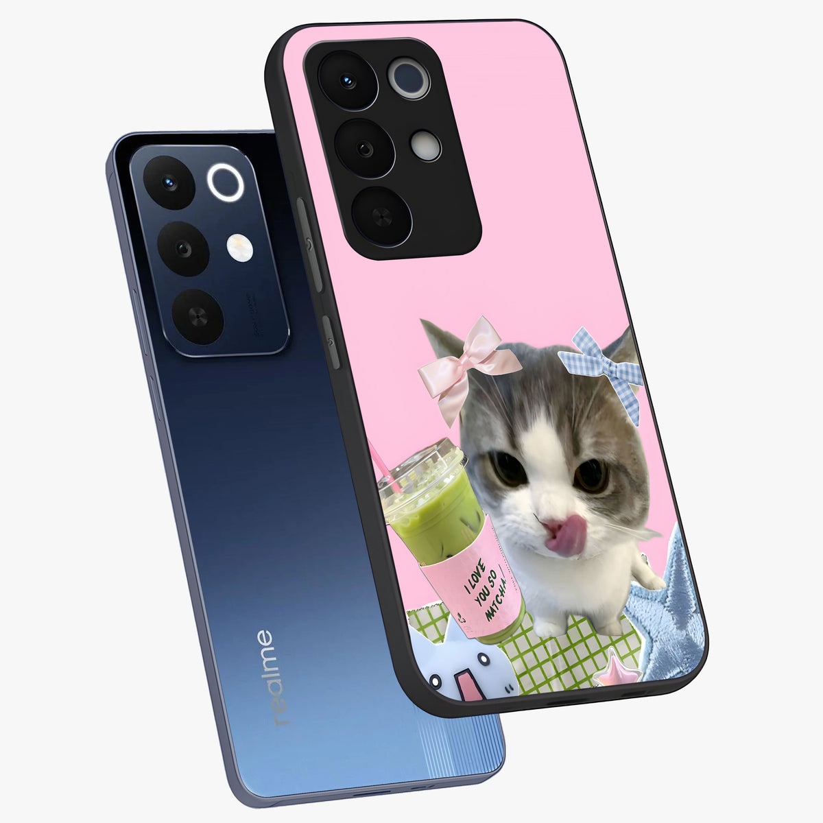 Love Matcha Cat Glass Case displayed in angled mockup highlighting playful feline illustration with cozy matcha aesthetic.