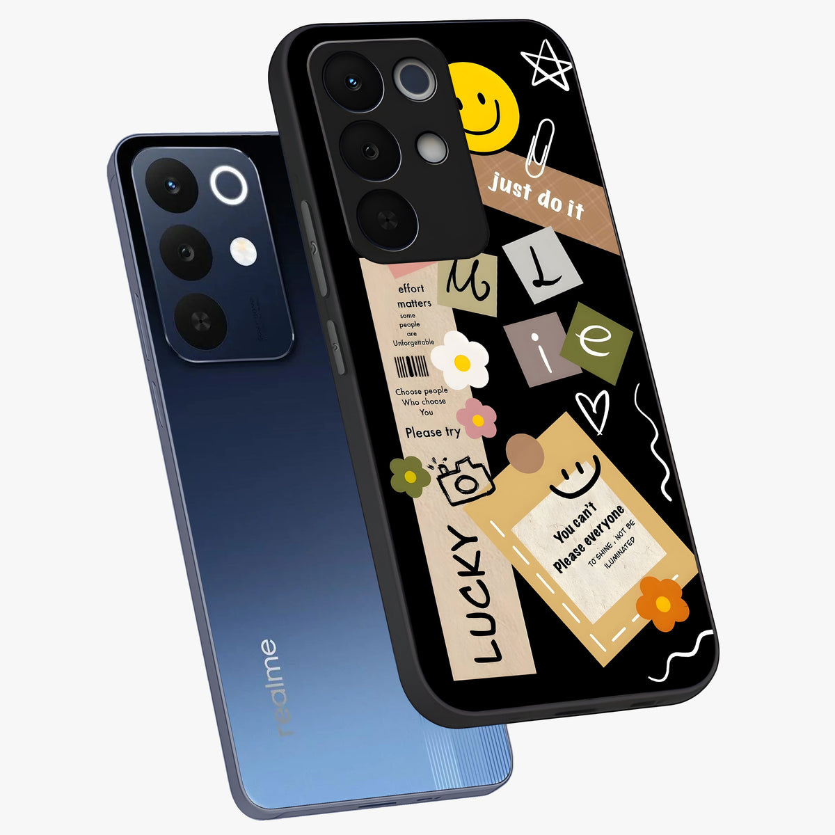 Lucky Aesthetic Collage Glass Case displayed in angled mockup highlighting stylish collage pattern with modern aesthetic vibe.