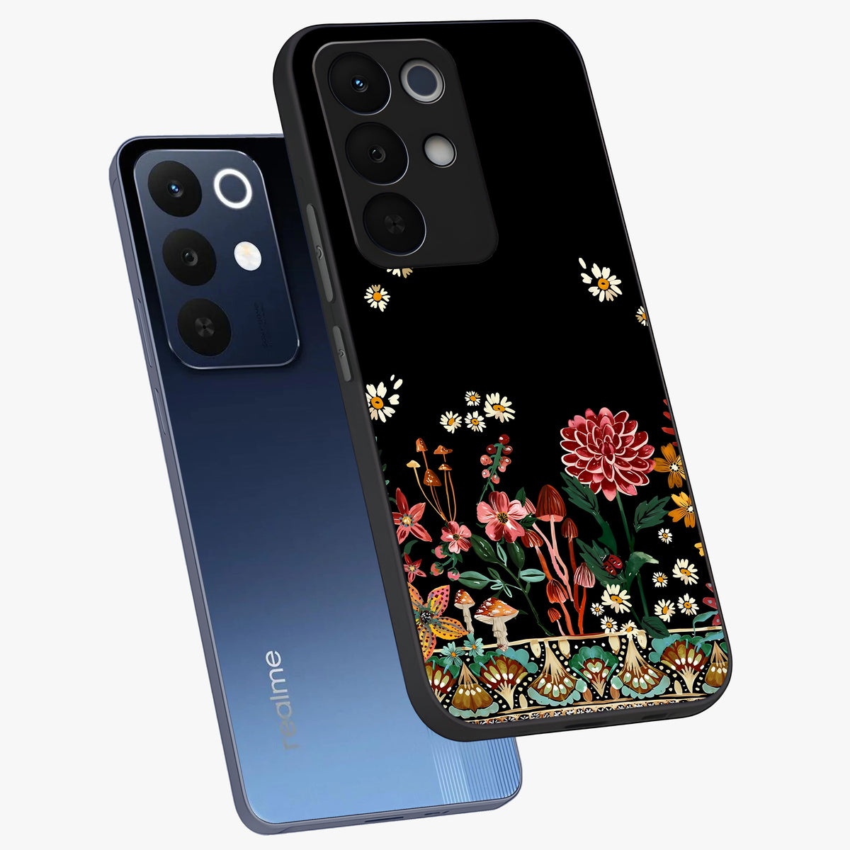 Midnight Bloom Pattern Glass Case displayed in angled mockup highlighting elegant flower design with midnight aesthetic style.