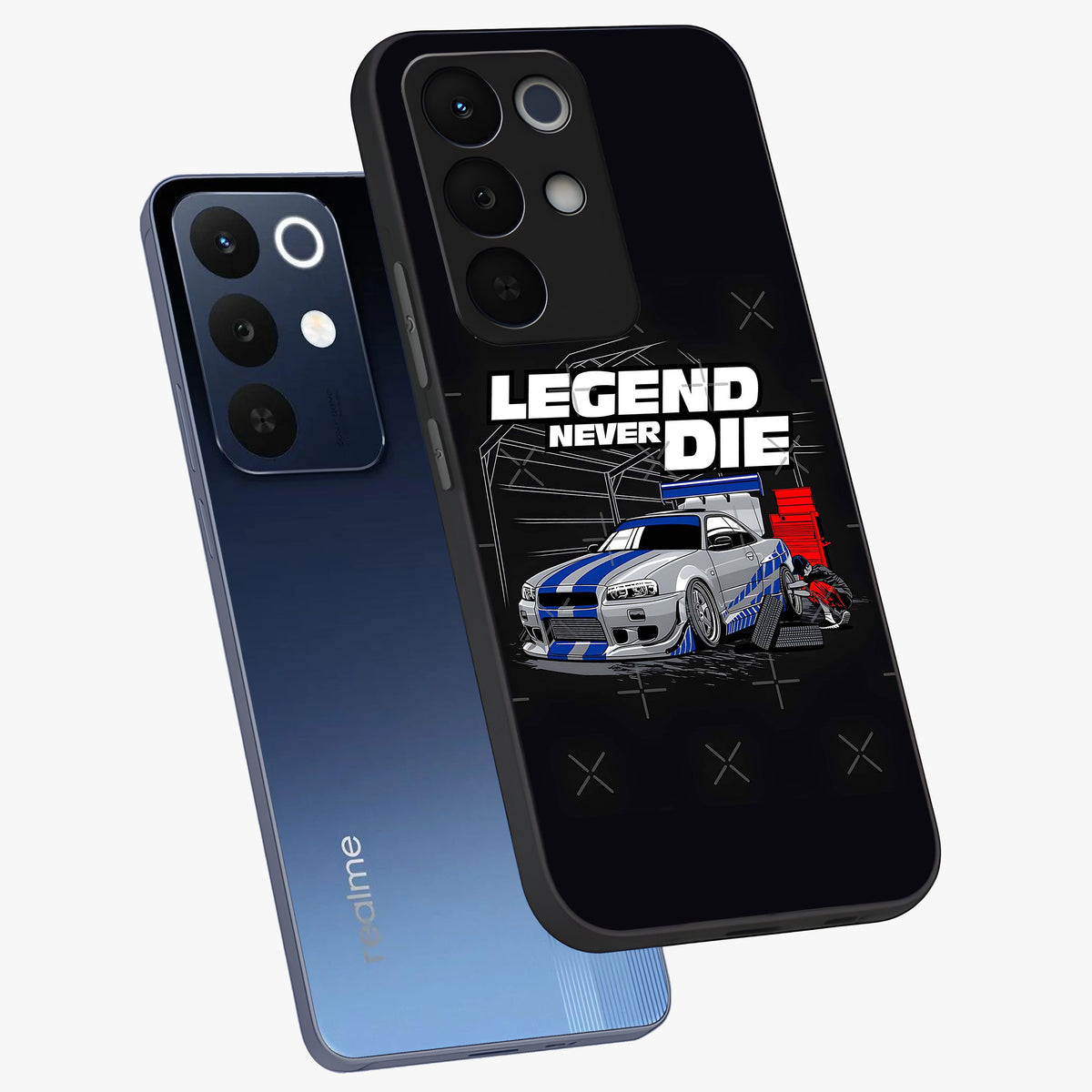 Midnight Racing Legacy Glass Case displayed in angled mockup highlighting dynamic automotive design with bold midnight aesthetic.