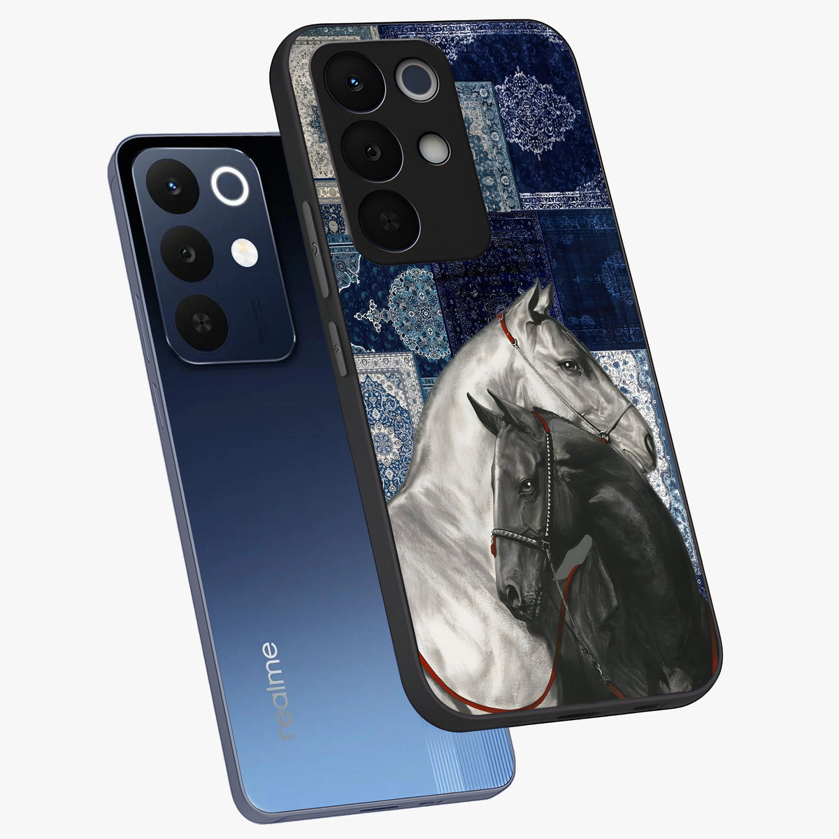 Midnight Stallion Blues Glass Case displayed in angled mockup highlighting powerful stallion illustration with deep midnight tones.