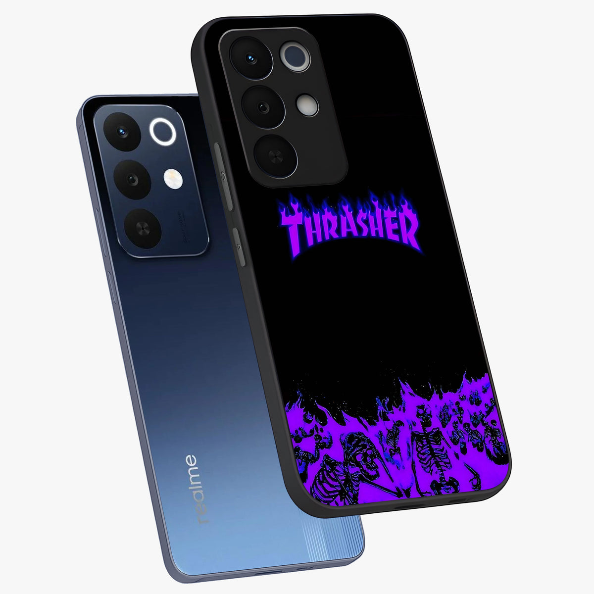 Neon Flame Riot Glass Case displayed in angled mockup highlighting glowing flame design with vibrant neon aesthetic.