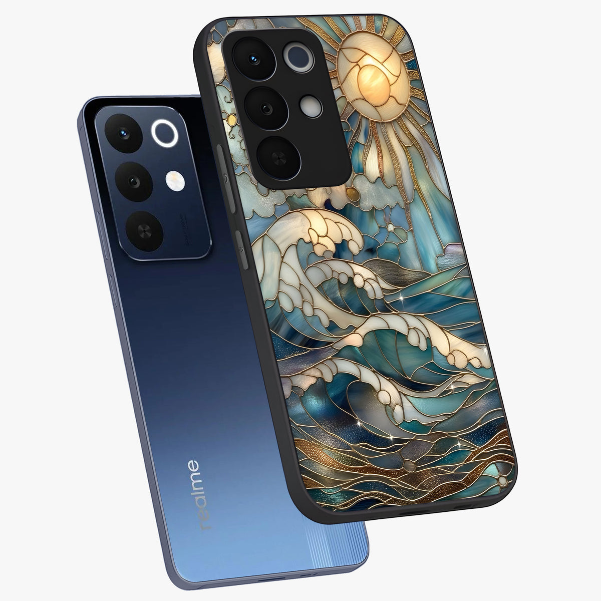 Oceanic Stained Printed Glass Case displayed in angled mockup highlighting colorful aquatic design with artistic aesthetic style.