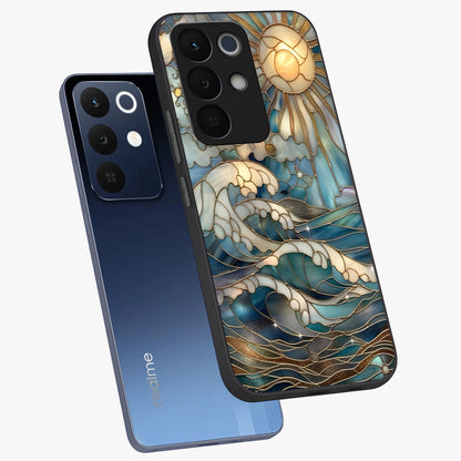 Oceanic Stained Printed Glass Case displayed in angled mockup highlighting colorful aquatic design with artistic aesthetic style.