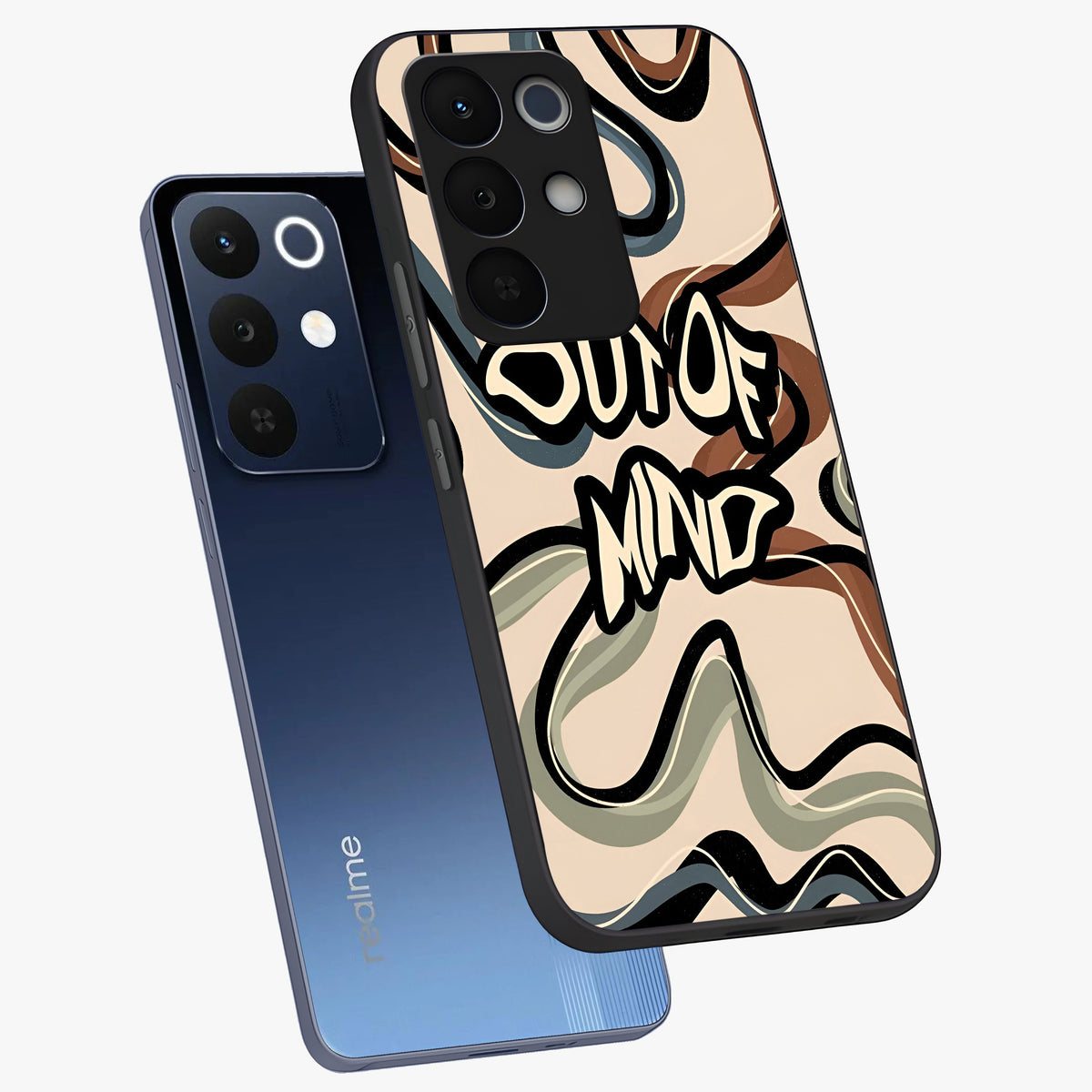 Out Of Mind Glass Case displayed in angled mockup highlighting bold statement design with modern artistic aesthetic.