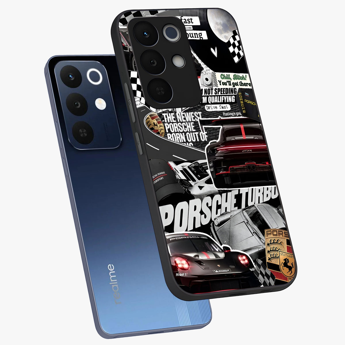 Porsche Racing Collage Glass Case displayed in angled mockup highlighting dynamic automotive design with bold racing aesthetic.