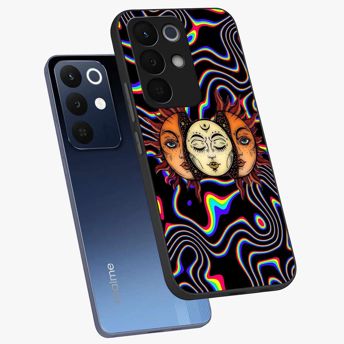 Psychedelic Sun Glass Case displayed in angled mockup highlighting vibrant abstract sun design with artistic aesthetic style.