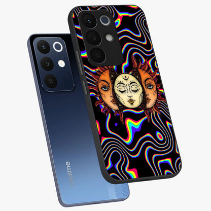 Psychedelic Sun Glass Case displayed in angled mockup highlighting vibrant abstract sun design with artistic aesthetic style.