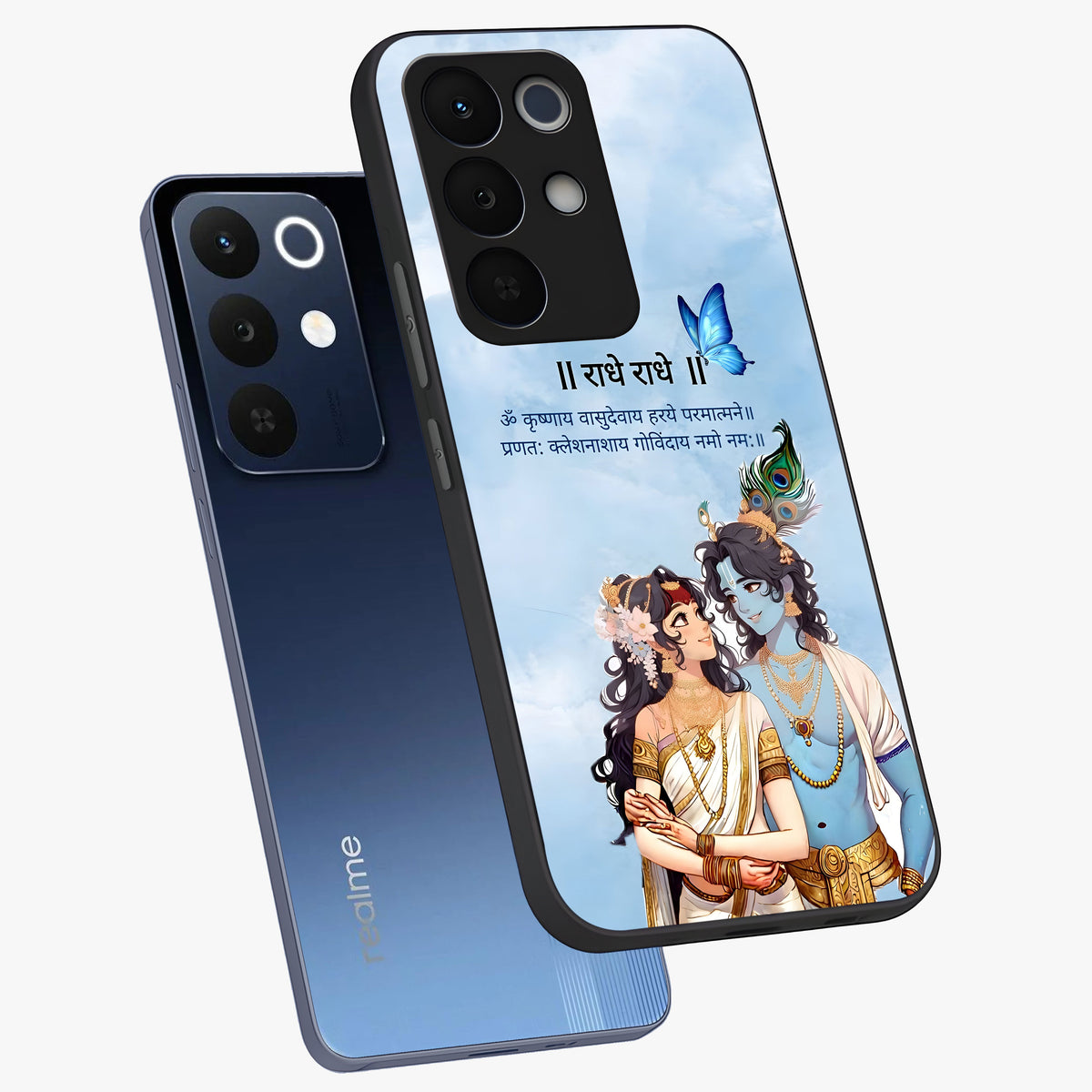 Radha Krishna Eternal Glass Case displayed in angled mockup highlighting divine Radha Krishna illustration with spiritual aesthetic.