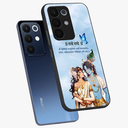 Radha Krishna Eternal Glass Case displayed in angled mockup highlighting divine Radha Krishna illustration with spiritual aesthetic.