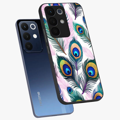 Royal Peacock Feathers Glass Case displayed in angled mockup highlighting vibrant feather pattern with regal aesthetic style.