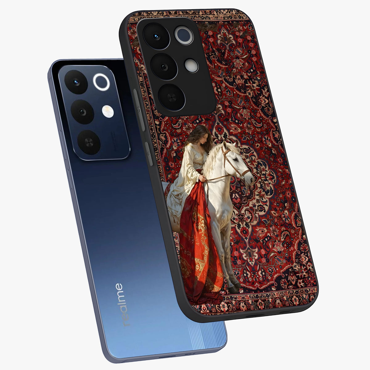 Royal Rider Tapestry Glass Case displayed in angled mockup highlighting traditional tapestry design with royal heritage aesthetic.