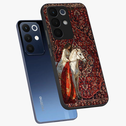 Royal Rider Tapestry Glass Case displayed in angled mockup highlighting traditional tapestry design with royal heritage aesthetic.