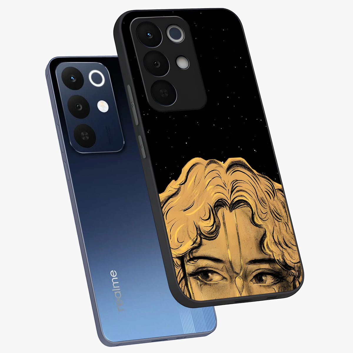 Shri Krishna Art Glass Case displayed in angled mockup highlighting spiritual Krishna illustration with divine aesthetic.