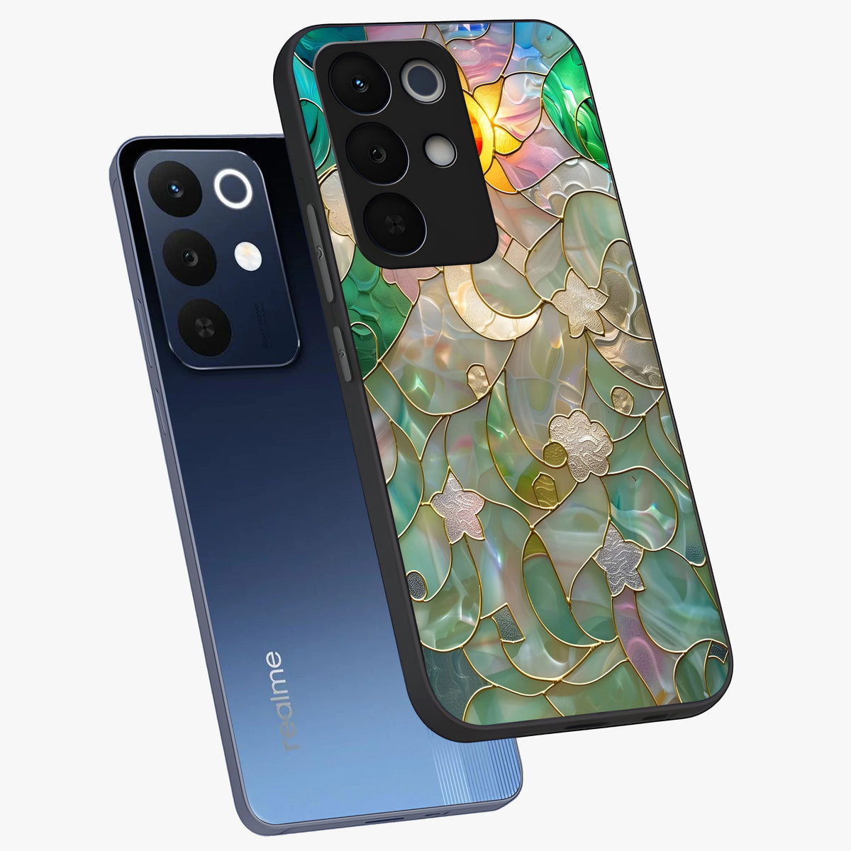 Stained Sunrise Glow Glass Case displayed in angled mockup highlighting radiant sunrise design with artistic aesthetic style.