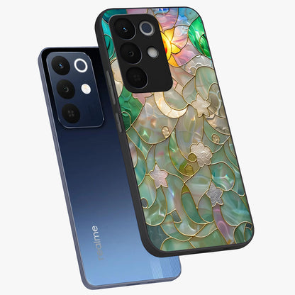 Stained Sunrise Glow Glass Case displayed in angled mockup highlighting radiant sunrise design with artistic aesthetic style.