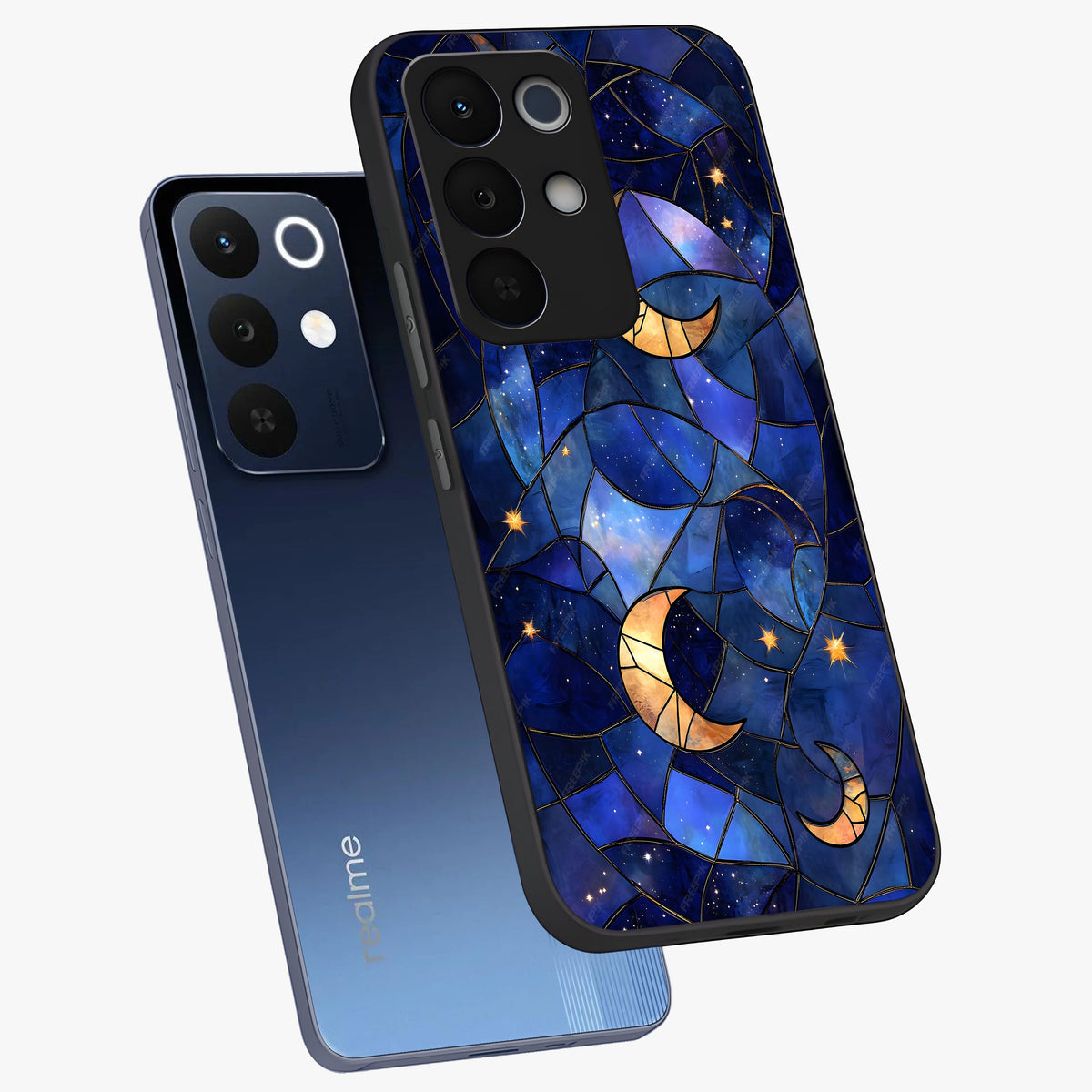 Starlit Sky Tapestry Glass Case displayed in angled mockup highlighting celestial night pattern with artistic aesthetic style.